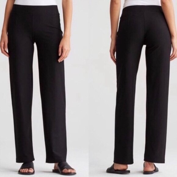 Eileen Fisher Pull On Crepe Black Stretch Pants Straight Relaxed Leg Preppy - Picture 2 of 7